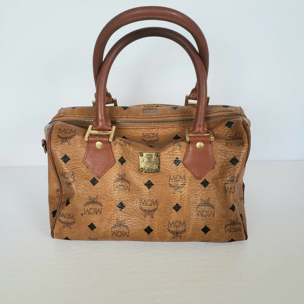 MCM Visetos Boston Medium Handbag Bag Satchel Tote Carmel Purse Designer Leather